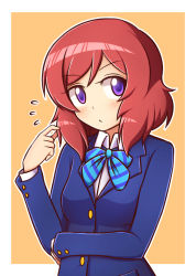 Rule 34 | 10s, 1girl, blazer, blouse, commentary, twirling hair, jacket, looking at viewer, love live!, love live! school idol project, nervous, nishikino maki, orange background, purple eyes, red hair, school uniform, shirt, short hair, simple background, solo, upper body, white shirt, wool (miwol)