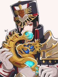 Rule 34 | 1girl, black coat, black hair, coat, gloves, holding, holding staff, long sleeves, looking at viewer, military, military uniform, morag ladair (xenoblade), red eyes, rem (eyes 410), signature, simple background, solo, staff, uniform, upper body, white background, white gloves, xenoblade chronicles (series), xenoblade chronicles 2