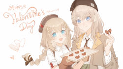 Rule 34 | 2girls, aqua eyes, beret, black headwear, blue eyes, braid, brown headwear, candy, chocolate, chocolate heart, fnc (girls&#039; frontline), food, girls&#039; frontline, hair ornament, happy valentine, hat, heart, hei chuan gui, highres, holding, holding chocolate, holding food, holding tray, light brown hair, long hair, looking at viewer, mittens, multiple girls, multiple hairpins, open mouth, scar-l (girls&#039; frontline), smile, tray, twitter username, upper body, white background