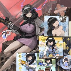Rule 34 | 1girl, absurdres, black hair, black panties, braid, breasts, closed eyes, dress, eating, evil grin, evil smile, feet out of frame, full body, goddess of victory: nikke, grin, handheld game console, highres, holding, holding weapon, jacket, large breasts, level-00, long hair, mary (nikke), multiple views, open clothes, open jacket, panties, pantyshot, plant, playing games, red eyes, ribbed sweater, showering, single braid, smile, sweater, sweater dress, underwear, unusually open eyes, weapon