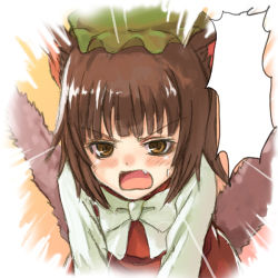 Rule 34 | 1girl, angry, animal ears, blank speech bubble, blunt bangs, blush, bow, brown eyes, brown hair, chen, fang, female focus, mitsuki yuuya, open mouth, short hair, solo, speech bubble, sweat, sweatdrop, textless version, touhou, translated, yellow eyes