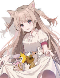 Rule 34 | 1girl, animal, animal ears, blush, brown hair, cat ears, collared dress, dress, extra ears, highres, holding, holding clothes, holding dress, long hair, looking at viewer, natori sana, nekozya1, open mouth, red eyes, sana channel, short sleeves, simple background, smile, two side up, virtual youtuber, white background, wrist cuffs
