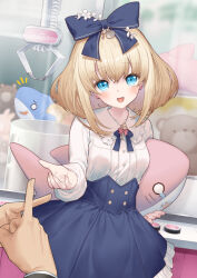 Rule 34 | 1girl, :d, blonde hair, blue bow, blue bowtie, blue eyes, blue skirt, bow, bowtie, collared shirt, commentary request, crane game, hair bow, head tilt, high-waist skirt, holding, holding stuffed toy, long sleeves, open mouth, original, out of frame, shirt, shirt tucked in, skirt, smile, solo focus, stuffed animal, stuffed shark, stuffed toy, tokuno yuika, white shirt