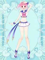 Rule 34 | 1girl, :d, arm up, blue background, breasts, full body, kerberos blade, l (matador), looking at viewer, medium hair, midriff, navel, open mouth, pink hair, red eyes, school uniform, serafuku, simple background, skirt, smile, solo, standing, white skirt, wristband