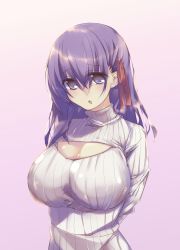 Rule 34 | 1girl, :o, alternate costume, arms behind back, breasts, cleavage, cleavage cutout, clothing cutout, fate/stay night, fate (series), gradient background, hair ribbon, highres, large breasts, long hair, matou sakura, meme attire, open-chest sweater, purple background, purple eyes, purple hair, ribbed sweater, ribbon, solo, souyoku, sweater, turtleneck, upper body
