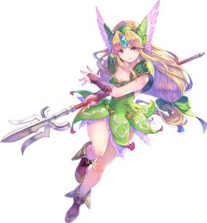 Rule 34 | 1girl, blonde hair, blush, breasts, brown gloves, cleavage, closed mouth, collarbone, dress, fingerless gloves, frilled dress, frills, full body, gloves, green dress, haccan, helmet, holding, holding polearm, holding weapon, long hair, looking at viewer, low-tied long hair, medium breasts, official art, polearm, purple footwear, riesz, seiken densetsu, seiken densetsu 3, shoes, sleeveless, solo, spear, transparent background, very long hair, weapon, winged helmet