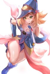 Rule 34 | 1girl, bare legs, blonde hair, blue hat, breasts, cleavage, commentary request, dark magician girl, green eyes, hand on own hip, hat, highres, long hair, magical girl, medium breasts, retasu (lactuca810), shiny skin, solo, v over mouth, wide hips, wizard hat, yu-gi-oh!