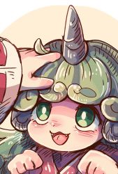 Rule 34 | 2girls, :3, bright pupils, commentary request, eyebrows hidden by hair, fangs, green eyes, green hair, hakurei reimu, hands up, headpat, highres, horns, komano aunn, long hair, long sleeves, mame komari, multiple girls, one-hour drawing challenge, open mouth, simple background, single horn, smile, solo focus, touhou, white pupils