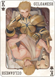 Rule 34 | 1boy, akizone, animal, armlet, armor, bare pectorals, bare shoulders, blonde hair, bracelet, card, chair, character name, collarbone, commentary, earrings, english commentary, evil smile, fate/zero, fate (series), gilgamesh (fate), gold armor, hair slicked back, hand up, highres, holding, jewelry, lion, looking at viewer, male focus, multiple views, necklace, nipples, pectorals, playing card, red eyes, shoulder armor, sitting, smile, toga
