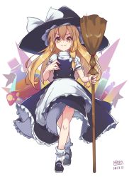Rule 34 | 1girl, apron, black dress, black footwear, black hat, blonde hair, blush, bottle, bow, broom, buttons, closed mouth, damarinasai (mineo), dated, dress, frills, full body, hair between eyes, hair bow, hands up, hat, hat bow, highres, kirisame marisa, long hair, looking at viewer, puffy short sleeves, puffy sleeves, shaded face, shirt, shoes, short sleeves, simple background, smile, socks, solo, standing, test tube, touhou, white apron, white background, white bow, white shirt, white socks, witch hat, yellow eyes