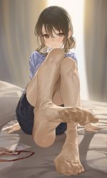 Rule 34 | 1girl, absurdres, arm support, blue shirt, blurry, blurry background, blush, brown hair, brown pantyhose, douki-chan (douki-chan), feet, foot focus, ganbare douki-chan, hair bun, highres, hxxg, indoors, knees up, lanyard, legs, looking at viewer, no shoes, office lady, on bed, pantyhose, pencil skirt, shirt, single side bun, sitting, skirt, soles, solo, toes