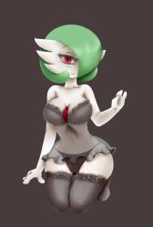 Rule 34 | 12luigi, 1girl, babydoll, bare shoulders, black panties, black thighhighs, blush, breasts, brown background, closed mouth, collarbone, colored skin, creatures (company), female focus, full body, game freak, gardevoir, gen 3 pokemon, green hair, grey babydoll, hair over one eye, hand up, happy, highres, jpeg artifacts, kneeling, large breasts, light blush, lingerie, looking at viewer, navel, nintendo, panties, pink eyes, pokemon, pokemon (creature), see-through, short hair, simple background, skindentation, smile, solo, thighhighs, underwear, underwear only, white skin, wide hips