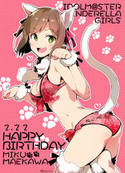 Rule 34 | 10s, 1girl, :d, animal ears, ass, bikini, breasts, brown hair, cat ears, cat girl, cat tail, cleavage, fang, female focus, front-tie top, green eyes, hair ribbon, happy birthday, idolmaster, idolmaster cinderella girls, leaning forward, maekawa miku, open mouth, paw pose, red bikini, redrop, ribbon, smile, solo, swimsuit, tail, thighhighs, twitter username, white thighhighs