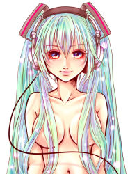 Rule 34 | 1girl, aqua hair, blue eyes, breasts, censored, convenient censoring, female focus, hair censor, hair over breasts, hatsune miku, headphones, lips, long hair, navel, shiratama shinobu, simple background, solo, topless, twintails, very long hair, vocaloid, white background