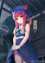 Rule 34 | 1girl, alternate costume, bare shoulders, beret, blue dress, blush, bus stop, closed mouth, commentary request, dress, flower, hair ornament, hat, highres, kantai collection, long hair, looking at viewer, mole, outdoors, rain, ribbon, see-through, sign, sleeveless, sleeveless dress, solo, tsushima (kancolle), unidentified nk, wet, wet clothes, wet dress, wringing clothes