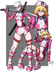 Rule 34 | 1girl, absurdres, animification, blonde hair, blue eyes, bodysuit, border, breasts, commentary, commentary request, english commentary, full body, gradient hair, gwenpool, highres, hood, hooded bodysuit, kekel, leotard, looking at viewer, marvel, mask, medium breasts, multicolored hair, multicolored leotard, pink hair, pink leotard, pouch, short hair, smile, solo, spider-man (series), superhero costume, sword, two-tone hair, weapon, white border