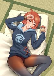 Rule 34 | 1girl, absurdres, arezu (pokemon), blush, bracelet, brown pantyhose, collarbone, commentary, cowlick, creatures (company), from above, futon, game freak, gradient legwear, grey jacket, hands up, highres, holding, holding poke ball, indoors, jacket, jewelry, long sleeves, looking at viewer, lying, nintendo, on back, orange eyes, orange hair, pantyhose, pillow, poke ball, poke ball (legends), pokemon, pokemon legends: arceus, shift (shiftillust), short hair, smile, solo, tatami
