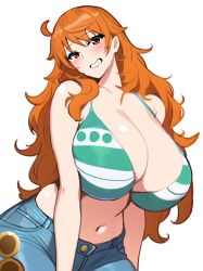 Rule 34 | 1girl, :d, bare shoulders, bikini, bikini top only, blush, breasts, cleavage, cowboy shot, denim, green bikini, grin, head tilt, hifumi hajime, highres, huge breasts, jeans, looking at viewer, nami (one piece), navel, one piece, open mouth, orange eyes, orange hair, pants, parted lips, simple background, smile, solo, striped bikini, striped clothes, swimsuit, teeth, white background