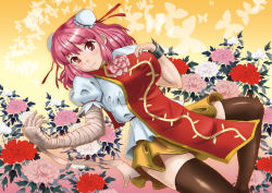 Rule 34 | 1girl, bandages, blouse, breasts, brown thighhighs, bug, butterfly, cuffs, double bun, female focus, flower, gradient background, hair bun, hand on own chest, ibaraki kasen, insect, jingoro, large breasts, leaf, open hand, pink flower, pink hair, pink rose, puffy short sleeves, puffy sleeves, reclining, red eyes, red flower, red rose, rose, shackles, shirt, short hair, short sleeves, sidelocks, skirt, smile, solo, tabard, thighhighs, touhou, white flower, white rose