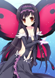Rule 34 | 10s, accel world, antenna hair, bad id, bad pixiv id, bare shoulders, black hair, bug, butterfly, butterfly wings, dress, elbow gloves, frills, fukase ayaka, gloves, headband, insect, insect wings, kuroyukihime, long hair, navel, solo, wings