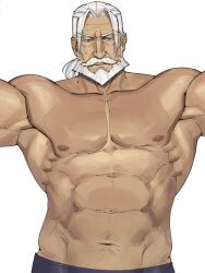 Rule 34 | 1boy, abs, armpits, bara, beard, blue eyes, facial hair, highres, jp (street fighter), large pectorals, long hair, looking at viewer, male focus, mature male, muscular, muscular male, mustache, nipples, outstretched arms, pectorals, ponytail, sa1k0p, solo, street fighter, street fighter 6, thick eyebrows, thick mustache, topless male, white hair
