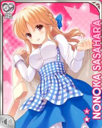 Rule 34 | 1girl, :d, apron, blue bow, blue dress, bow, bowtie, breasts, brown eyes, cafe, card (medium), checkered apron, checkered clothes, dress, girlfriend (kari), indoors, large breasts, light brown hair, long hair, looking at viewer, official art, open mouth, pink background, qp:flapper, sasahara nonoka, shirt, smile, standing, tagme, waitress, white shirt, wooden floor