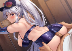 Rule 34 | absurdres, ass, azur lane, back cutout, bare shoulders, bent over, blush, breasts, buttjob, censored, clothes lift, clothing cutout, detached sleeves, dress, elbow gloves, enterprise (anniversary ride) (azur lane), enterprise (azur lane), enterprise (wind catcher) (azur lane), erection, from behind, glasses, gloves, hanging breasts, hat, highres, large breasts, leaning forward, looking back, momo no sukebe, mosaic censoring, official alternate costume, penis, penis under another&#039;s clothes, ponytail, purple eyes, sexually suggestive, skin tight, skindentation, skirt, skirt lift, sleeveless, sleeveless dress, thigh grab, thighs, white hair