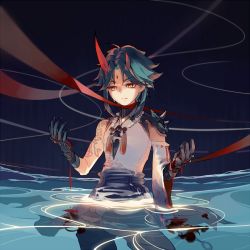 &#039;, 1boy, ahoge, arm tattoo, armor, bare shoulders, bead necklace, beads, black gloves, black hair, blood, bloody hands, crying, crying with eyes open, detached sleeves, dripping, facial mark, genshin impact, glacierhst, gloves, green gloves, green hair, horns, jewelry, long sleeves, male focus, multicolored, multicolored hair, multiple horns, necklace, partially submerged, pauldrons, red horns, restrained, ripples, shoulder armor, single pauldron, solo, tattoo, tears, water, wide sleeves, xiao (genshin impact), yellow eyes