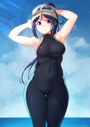 Rule 34 | 1girl, arm behind head, armpits, artist name, bare arms, bare shoulders, black wetsuit, blue hair, blue sky, blurry, blurry background, blush, bodysuit, breasts, closed mouth, cloud, commentary, covered erect nipples, cowboy shot, day, diving mask, diving mask on head, diving suit, gluteal fold, goggles, goggles on head, high ponytail, highres, long hair, looking at viewer, love live!, love live! sunshine!!, matsuura kanan, medium breasts, ocean, outdoors, parted bangs, ponytail, purple eyes, sideboob, sidelocks, signature, skin tight, sky, sleeveless, sleeveless bodysuit, smile, solo, sparkle, standing, sunlight, thigh gap, unsfrau, very long hair, wet, wetsuit