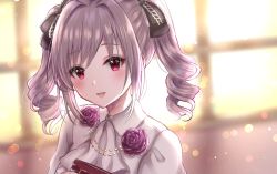 Rule 34 | 1girl, ai (sigatutoukaa), ascot, black bow, blurry, blurry background, blush, bow, collared shirt, commentary request, depth of field, flower, grey hair, hair bow, idolmaster, idolmaster cinderella girls, kanzaki ranko, looking at viewer, parted lips, purple flower, purple rose, red eyes, ringlets, rose, shirt, sidelocks, smile, solo, twintails, twitter username, white ascot, white shirt