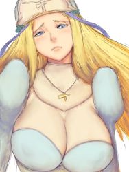 Rule 34 | 00s, 1girl, blonde hair, blue eyes, bodysuit, breasts, cleavage, fumio (rsqkr), gainos priestess melpha, hat, huge breasts, jewelry, long hair, melpha, necklace, nun, queen&#039;s blade, solo