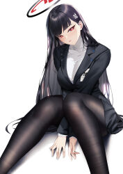 Rule 34 | 1girl, black hair, black jacket, black pantyhose, black skirt, blue archive, blueorca, breasts, commentary, crossed arms, feet out of frame, hair ornament, halo, highres, jacket, knees together feet apart, knees up, large breasts, long hair, long sleeves, looking at viewer, pantyhose, red eyes, rio (blue archive), shirt, simple background, sitting, skirt, solo, taut clothes, taut shirt, very long hair, white background, white shirt