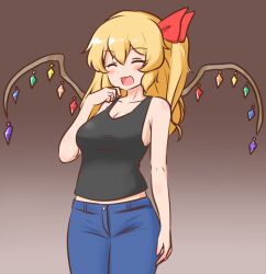 Rule 34 | 1girl, aged up, black skirt, blonde hair, blue pants, blush, breasts, brown background, cleavage, commentary request, commission, crystal wings, facing viewer, fang, flandre scarlet, gradient background, hair ribbon, large breasts, medium hair, mizusoba, one side up, open mouth, pants, red ribbon, ribbon, shirt, skeb commission, skin fang, skirt, sleeveless, sleeveless shirt, solo, touhou