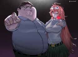 Rule 34 | 1boy, 1girl, absurdres, belt, bow, brown eyes, brown hair, brown headwear, collared shirt, commentary, double chin, english commentary, family guy, fat, fat man, glasses, green eyes, green pants, green skirt, hair bow, highres, kowai (iamkowai), long hair, looking at viewer, one eye closed, pants, peter griffin, pink hair, pleated skirt, pointing, pointing at viewer, shirt, skirt, smile, standing, sweater, white bow, white shirt, white sweater