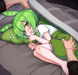 Rule 34 | 1boy, 1girl, animal ears, ass grab, barefoot, blanket, blush, flying sweatdrops, green hair, green shorts, hetero, legs together, looking at viewer, lying, null (nyanpyoun), on side, pillow, pov, pov hands, shirt, short hair, short sleeves, shorts, simple background, solo focus, suspender shorts, suspenders, toes, voiceroid, white shirt, yellow eyes, zundamon