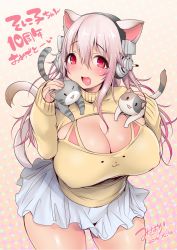 Rule 34 | 1girl, animal, animal ears, blush, breasts, cat, cat ears, cat tail, cleavage, cleavage cutout, clothing cutout, headphones, highres, huge breasts, large breasts, long hair, looking at viewer, meme attire, moomoo-san, nitroplus, open-chest sweater, open mouth, pink hair, red eyes, smile, solo, super sonico, sweater, tail, translation request