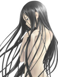 Rule 34 | 1girl, black eyes, black hair, covering privates, covering breasts, flat chest, highres, kimagure blue, long hair, navel, nude, nude cover, open mouth, original, simple background, smile, solo, very long hair, white background