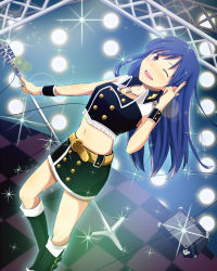 Rule 34 | 10s, 1girl, ;d, black footwear, black skirt, blue hair, boots, brown eyes, checkered floor, collarbone, highres, holding, holding microphone, idolmaster, idolmaster (classic), idolmaster 2, jewelry, kisaragi chihaya, knee boots, leaning back, long hair, looking at viewer, microphone, microphone stand, midriff, miniskirt, navel, necklace, one eye closed, open mouth, skirt, smile, solo, standing, stomach, teru (grafroller), wrist cuffs