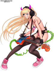 Rule 34 | 1girl, bass guitar, bikini, black thighhighs, blonde hair, blue eyes, bra, breasts, cleavage, costume, creatures (company), full body, game freak, garter belt, gen 1 pokemon, guitar, headphones, horns, instrument, large breasts, legs, lingerie, nintendo, original, panties, pikachu, pink bra, pink panties, pokemon, pokemon (creature), ryu (ryu&#039;s form site), shoes, simple background, sneakers, solo, standing, swimsuit, tattoo, thighhighs, underwear, underwear only, white background