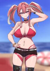 Rule 34 | 1girl, absurdres, armpit crease, azur lane, bare shoulders, beach, belt, bikini, black choker, black shorts, black wristband, blue sky, blurry, blurry background, blush, breasts, bremerton (azur lane), choker, cleavage, closed mouth, collarbone, commentary, day, febicoron, fingernails, gold bracelet, grey hair, grey thighhighs, hair between eyes, hand on own hip, hand up, highres, large breasts, lifebuoy, lifebuoy ornament, long hair, looking at viewer, multicolored hair, nail polish, navel, navel piercing, ocean, outdoors, piercing, pink eyes, pink nails, red bikini, red hair, sand, shorts, sky, smile, solo, standing, stomach, swim ring, swimsuit, thighhighs, thighs, tongue, tongue out, twintails, two-tone hair, white belt, wristband