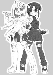 Rule 34 | 00s, 2girls, :d, ahoge, arcueid brunestud, armor, bakutendou, bare shoulders, boots, breasts, choker, ciel (tsukihime), cleavage, collarbone, crescent, crescent hair ornament, dress, gauntlets, glasses, gloves, grey background, greyscale, hair ornament, hairpin, hand on own hip, locked arms, looking at viewer, magical girl, mahoushoujo, medium breasts, monochrome, multiple girls, open mouth, over shoulder, partially fingerless gloves, phantas-moon, ribbon, semi-rimless eyewear, short hair, simple background, skirt, smile, standing, star (symbol), star hair ornament, thigh boots, thighhighs, tsukihime, under-rim eyewear, zettai ryouiki
