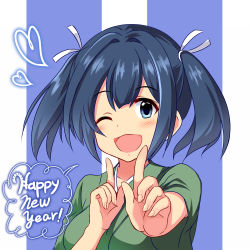Rule 34 | 10s, 1girl, be (o-hoho), blue eyes, blue hair, blush, breasts, happy new year, heart, index finger raised, japanese clothes, kantai collection, koi dance, large breasts, looking at viewer, new year, one eye closed, short twintails, smile, solo, souryuu (kancolle), twintails