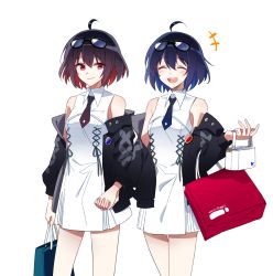 Rule 34 | 2girls, 6 (yuchae), bag, black jacket, blue hair, casual, closed eyes, closed mouth, dress, eyewear on head, fashion, hair between eyes, holding hands, honkai (series), honkai impact 3rd, jacket, multiple girls, necktie, open mouth, red eyes, red hair, seele (alter ego), seele vollerei, shopping bag, short hair, simple background, sleeveless, sleeveless dress, sunglasses, white background, white dress