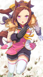 Rule 34 | 1girl, animal ears, asymmetrical gloves, black shorts, brown hair, buttons, commentary request, double-breasted, ear ornament, epaulettes, feet out of frame, flower-shaped pupils, gloves, gold hairband, hairband, highres, horse ears, horse girl, horse tail, itou (onsoku tassha), long hair, looking at viewer, mismatched gloves, open mouth, pink eyes, pink shirt, ponytail, running, sakura bakushin o (umamusume), shirt, shorts, simple background, sleeveless, sleeveless shirt, solo, sweat, symbol-shaped pupils, tail, thighhighs, umamusume, very long hair, white background, white thighhighs