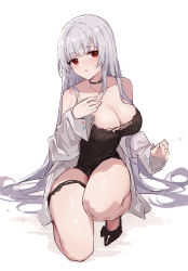 Rule 34 | absurdres, arm up, bare shoulders, black footwear, blush, breasts, choker, coat, grey hair, hand on own chest, high heels, highres, kneeling, large breasts, long hair, long sleeves, looking at viewer, on one knee, open clothes, open mouth, original, red eyes, sitting, thigh strap, thighs, very long hair, white background, white coat, yajuu