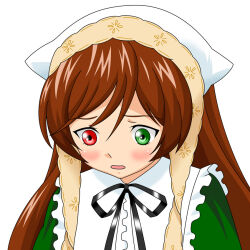 Rule 34 | 1girl, black ribbon, blush, brown hair, commentary request, dress, eyelashes, frilled dress, frilled shirt collar, frills, furrowed brow, green dress, green eyes, hair between eyes, hat, head scarf, heterochromia, long bangs, long hair, looking down, momo (esem), neck ribbon, open mouth, portrait, red eyes, ribbon, rozen maiden, simple background, solo, suiseiseki, swept bangs, white background, white hat