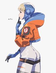 Rule 34 | 1girl, animification, apex legends, ass, blonde hair, blue eyes, blue gloves, blue headwear, bodysuit, breasts, from side, gloves, grey background, highres, hood, hooded bodysuit, hooded jacket, jacket, medium breasts, orange jacket, sketch, smile, solo, thigh strap, thundergotch, wattson (apex legends), white bodysuit