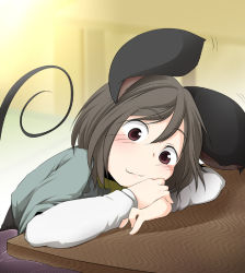 Rule 34 | 1girl, :3, aki (akikaze asparagus), animal ears, blush, brown hair, capelet, long sleeves, mouse ears, mouse tail, nazrin, red eyes, short hair, smile, solo, tail, touhou