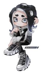 Rule 34 | 1girl, absurdres, black footwear, black hair, black pants, closed mouth, commentary request, cross-laced footwear, dot nose, earrings, full body, grey eyes, highres, invisible chair, jewelry, medium hair, myon rio, nintendo, octoling, octoling girl, octoling player character, pants, shoes, simple background, sitting, solo, splatoon (series), tentacle hair, thick eyebrows, torn clothes, torn pants, white background