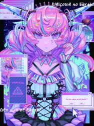 1girl ? alien commentary cursor dripping earth_(planet) error_message fake_horns highres horns long_hair o-ring original pink_hair planet solo suzuya_(chocomintaniki) yami_kawaii yume_kawaii